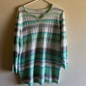 Alfred Dunner Green White Striped Embellished Knit Pullover Sweater 1X